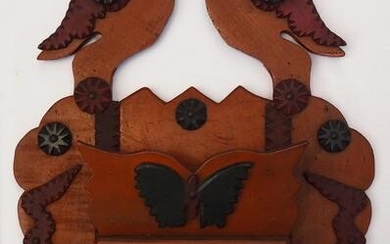 Polychrome tramp art wall box with kissing lovebirds at
