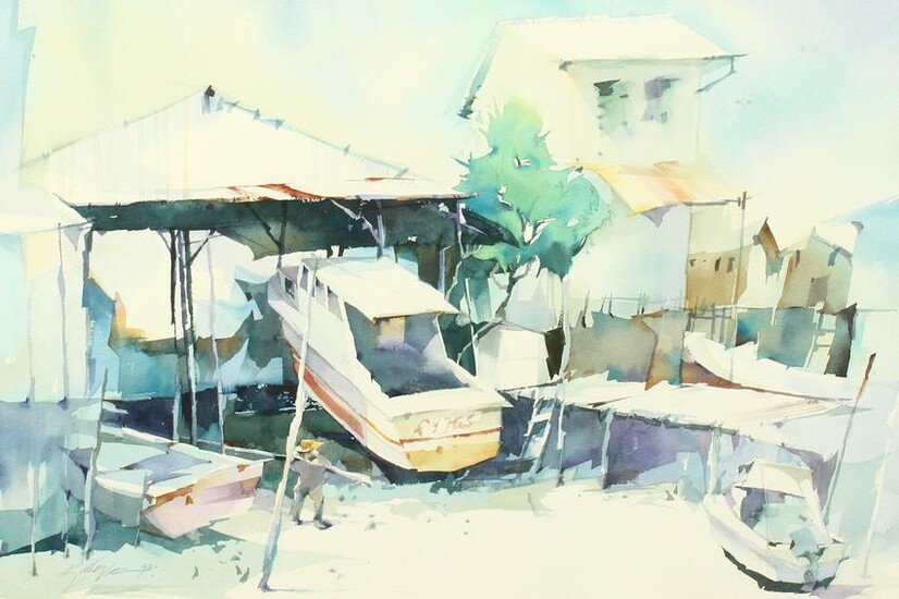 Possibly American School, A boat house, watercolour