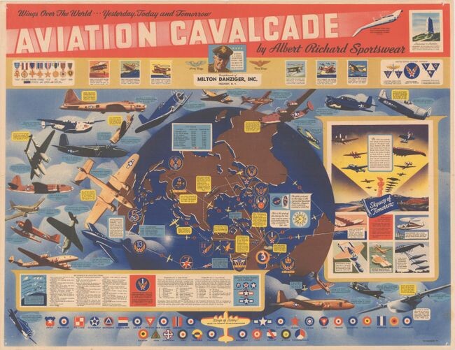 Price reduced by $300! Propaganda Map Promoting US Military Aviation During WWII, "Wings Over the World... Yesterday, Today and Tomorrow Aviation Cavalcade by Albert Richard Sportswear"