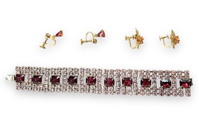 Purple & Pink Color Vintage Bracelet, Gold-Filled Earrings