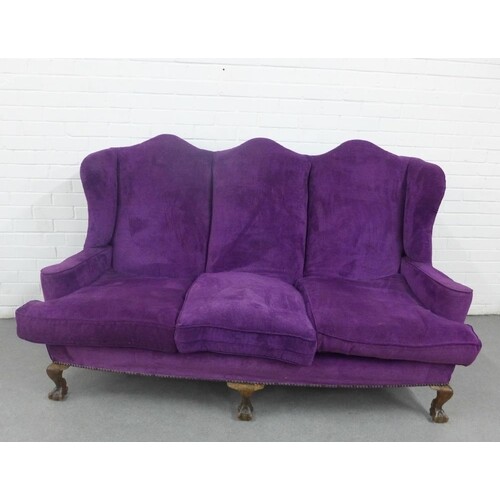 Queen Anne style purple velvet upholstered sofa with triple ...