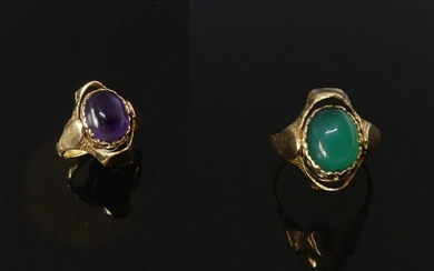 RING in yellow gold, the pivoting bezel set on one side with an amethyst cabochon, and on the other with a green stone cabochon. Gross weight 4,9 g