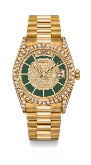 ROLEX, GOLD AND DIAMONDS DAY-DATE WITH GREEN LACQUERED DIAL, REF. 18388, CASE NO. E559072