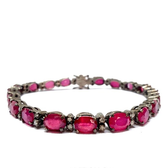 RUBY BRACELET WITH SMALL DIAMOND TIPS. 925 Sterling Silver with Ruthenium bath. - 17.3 g