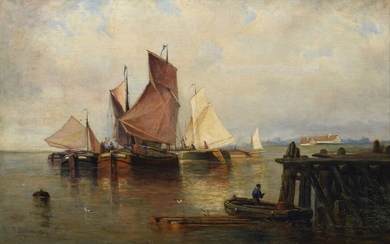 Rafael Monleon, 19th century Estuary scene with various boats and cottage beyond