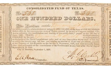 Republic of Texas Treasury Warrant to Texas Revolution Hero Benjamin Fort Smith