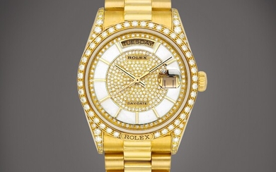Rolex Day-Date, Reference 18138 | A yellow gold and diamond-set wristwatch with day, date, white enamel dial and bracelet, Circa 1985 | 勞力士 | Day-Date 型號18138 | 黃金鑲鑽石鏈帶腕錶，備日期、星期顯示及琺瑯錶盤，約1985年製