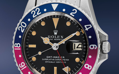 Rolex, Ref. 1675 A very fine and well-preserved stainless steel dual time wristwatch with fuchsia bezel, date and bracelet