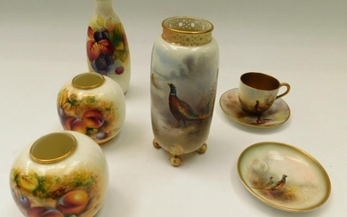 Royal Worcester: footed vase painted with pheasants; a pin dish...