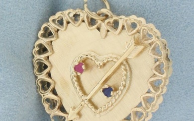 Ruby and Sapphire Heart Cupid's Arrow Pendant or Charm In 14 Yellow Gold