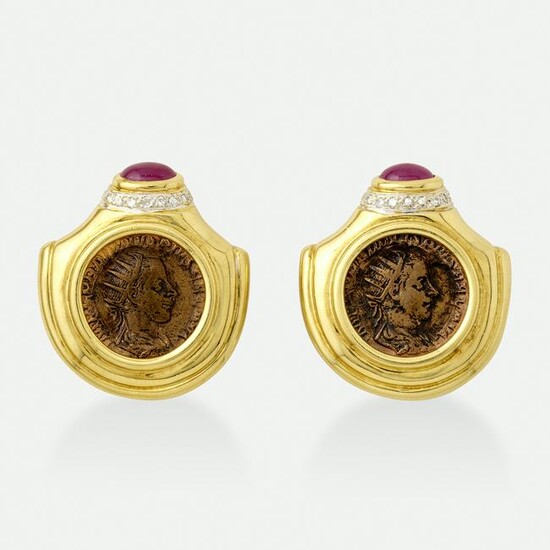 Ruby, diamond, and gold coin earrings