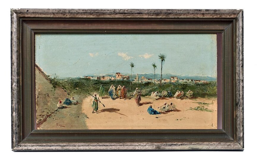 Ruhende Beduinen bei einer Oase, Orientmaler des 19. Jahrhunderts