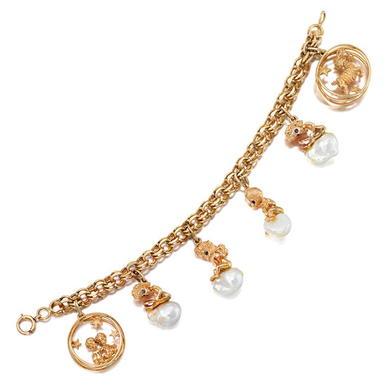 Ruser, A Cultured Pearl and Gold Charm Bracelet