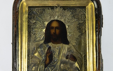 Russian icon depicting Christ with a silvered and gilded rizza in a wooden box, 19th century