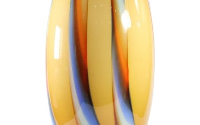 SASAKI Tall Yellow Multi Color Striped Art Glass Vase 16 inches diameter x 8.5 in.