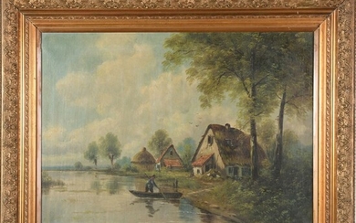 SCHOUTEN Paul. (1860-1922). « Paysage lacustre avec un personnage à la barque ». Toile signée...