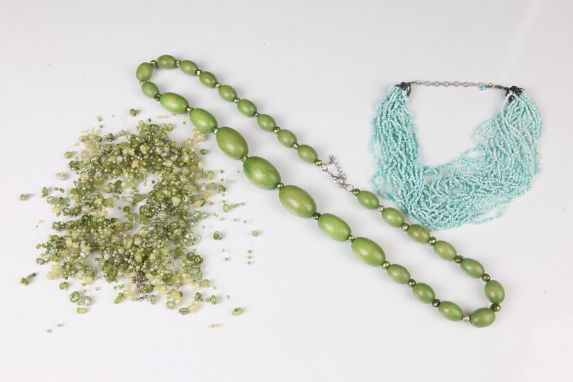 SELECTION OF COSTUME JEWELRY:MULTISTRAND BEADED NECKLACE WITH TWO OLIVE GREEN...