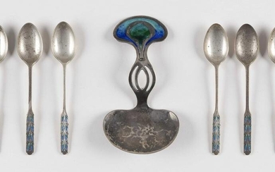 SEVEN ARTS AND CRAFTS ENAMELED SILVER SPOONS Approx.