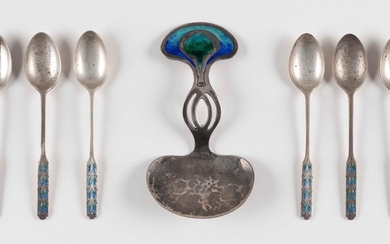SEVEN ARTS AND CRAFTS ENAMELED SILVER SPOONS
