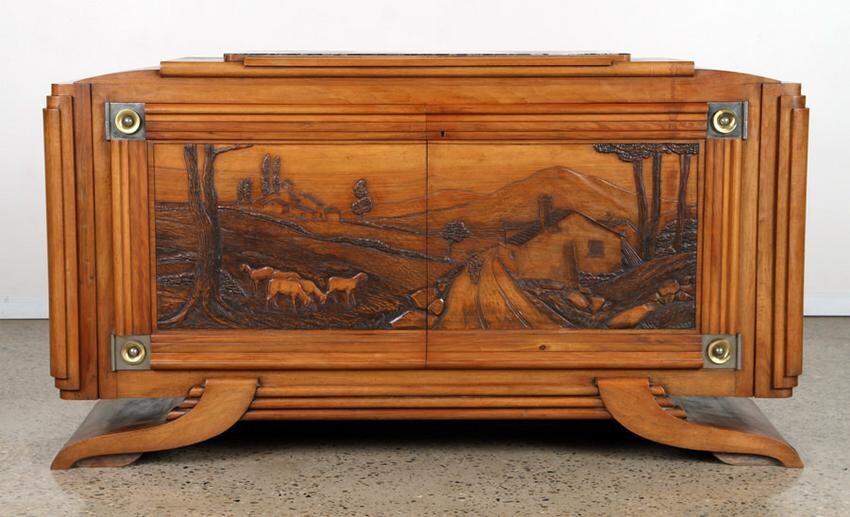 SIGNED ART DECO WALNUT MARBLE TOP SIDEBOARD C1940