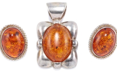 SILVER AMBER PENDANT AND EARRINGS; pendant 35 x 21mm, earrings 19 x 15mm with clip fittings all set with oval cabochon reconstituted...