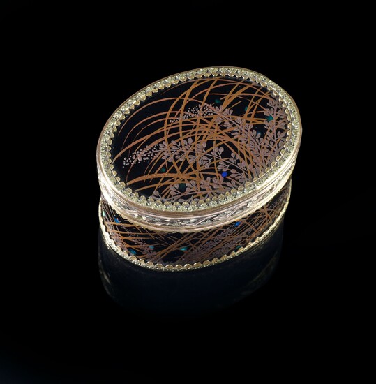 SMALL JAPANESE LACQUER SNUFFBOX, JULIEN ALATERRE - JEAN-BAPTISTE FOUACHE, PARIS, 1768-1774. Oval shape, the hinged lid is decorated with a lacquered panel with a black background and gold highlights representing reeds and wild branches decorated...
