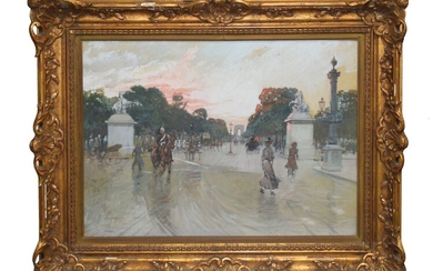 STEIN Georges (1870-1955) "Les Champs Elysées animés" Aquarelle signée en bas à gauche 49 x...