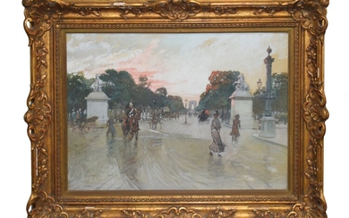 STEIN Georges (1870-1955) "Les Champs Elysées animés" Aquarelle signée en bas à gauche 49 x...