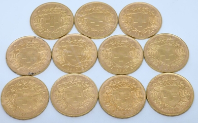 SUISSE. Onze pièces 20 Francs or. 1947