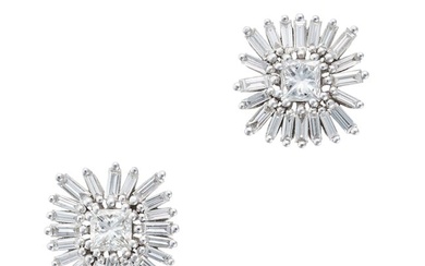 SUSAN KALAN, A PAIR OF DIAMOND CLUSTER EARRINGS in 18ct white gold, each set with a princess cut