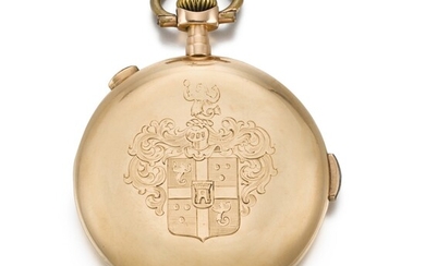 SWISS | A GOLD QUARTER REPEATING HUNTER CASED CHRONOGRAPH WATCH WITH MONOGRAMMED CASE CIRCA 1890