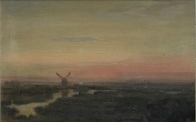 Schilderij: landschap met molen bij ondergaande zon, olieverf op doek,...