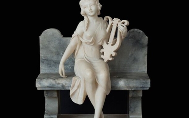 Sculpture, woman with lyre sitting on a bench - 51 cm (1) - Alabaster - Second half 19th century