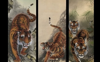 Set of 3 / 虎 Tiger / Japanese Vintage Hanging Scroll KAKEJIKU / Silk / Hand Painted - Signed 翠岩 RYOKUGAN / 有因 YUIN / 龍石 RYUSEKI - Japan (No Reserve Price)