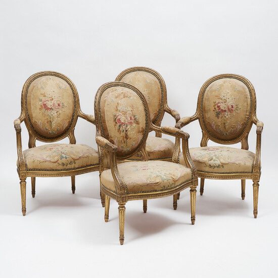 Set of Four Louis XVI Style Giltwood Fauteuils, 19th century