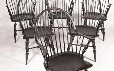 Set of Six Signed D.R. Dimes Ebonized Bowback Windsor Dining Chairs, 20th Century