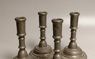 SOLD. Set of four French 19th century pewter candlesticks. Stamped. H. 15.5. Diam. 9.5 cm....