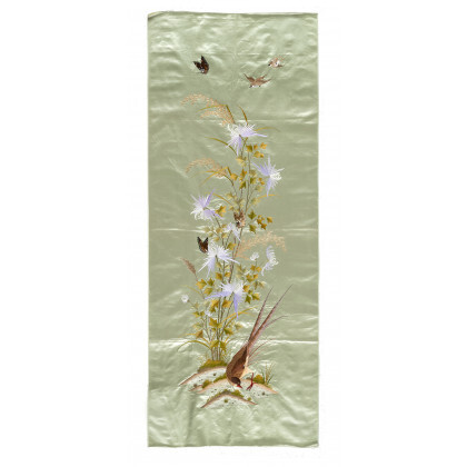 Silk embroidery on green tea silk satin. Chine, late 19th century (cm 150x60) (minor defects)