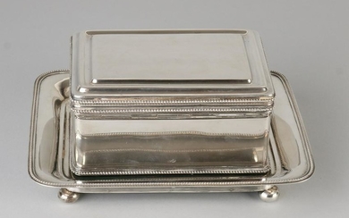 Silver cookie jar with coaster, 833/000, rectangular