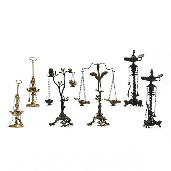 Six Tall Brass Oil Lamps Based on Ancient Prototypes