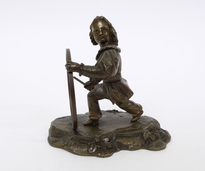 Statuette of a child playing with a hula hoop - Bronze (patinated) - Mid 19th century