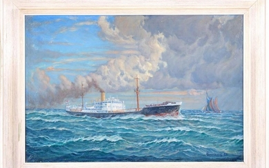 Steamboat with Dutch tricolor on the high seas, canvas