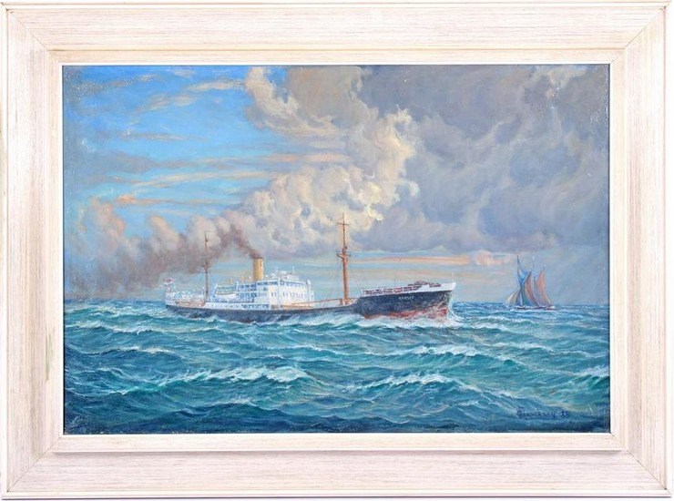 Steamboat with Dutch tricolor on the high seas, canvas