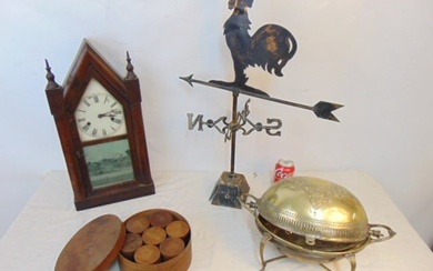Steeple clock, weathervane, silver plate dome & spice box, small rooster weathervane with