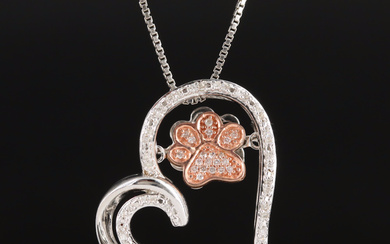 Sterling Diamond Heart Pendant with 10K Rose Gold Articulated Paw Print Necklace