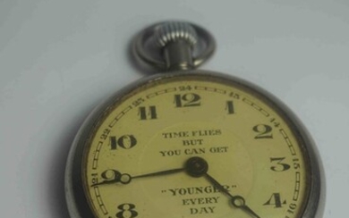 Swiss Made White Metal Cased Pocket Watch, Having text to the Dial "Time Flies But You Can Get