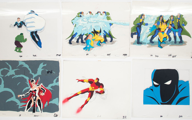 "THE FANTASTIC FOUR" AND " X-MEN" PRODUCTION ANIMATION CELS AND SKETCHES, C. 1990S, H 10", W 12"