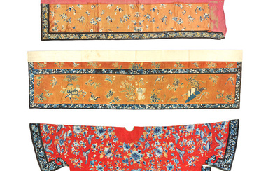 THREE EMBROIDERED RED-GROUND 'FLOWERS AND BUTTERFLIES' PANELS 19th Century