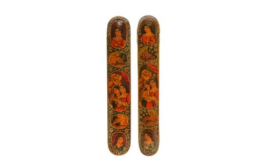 TWO LACQUERED PAPIER-MÂCHÉ PEN CASES WITH PORTRAITS OF SHEIKH SAN'AN AND THE CHRISTIAN MAIDEN Qajar Iran, 19th century