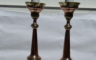 TWO LARGE BRASS AND COPPERLAMPS AND A COPPER SIEVE